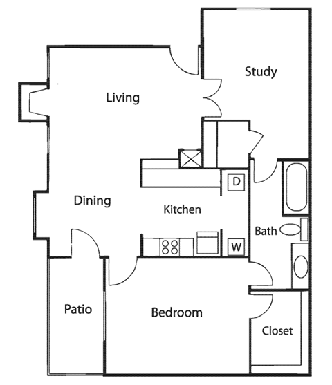 Floor plan for 1 bed, 1 bath, 816 sqft